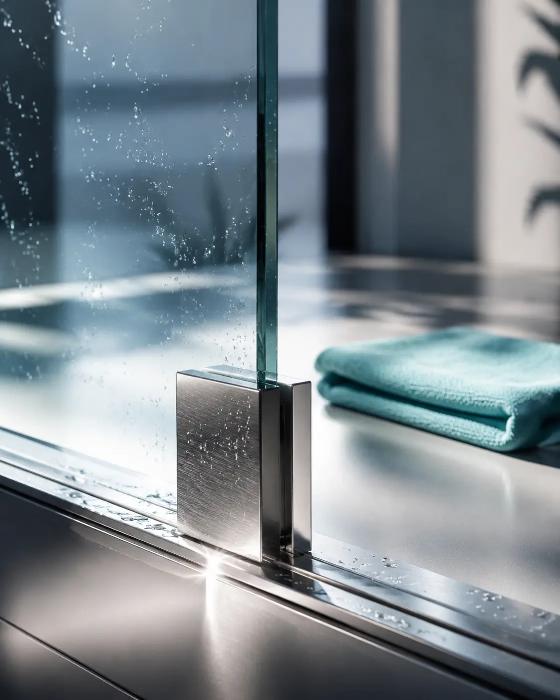 Makroaufnahme von sauberem Glas, Chrom und einem Mikrofasertuch
